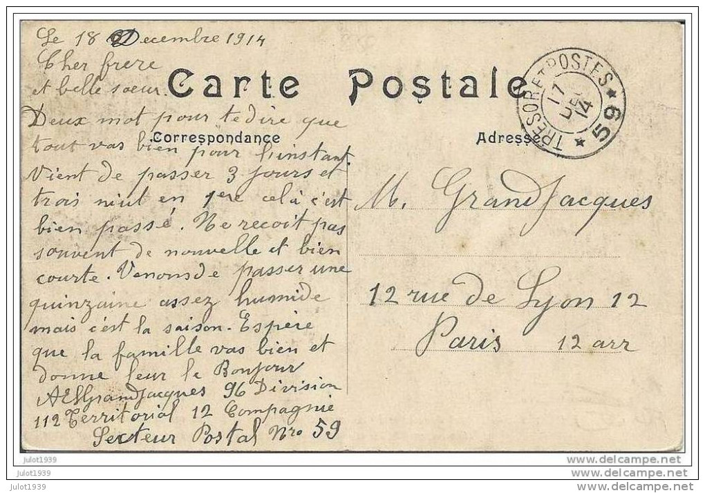 DINANT ..-- Destruction 1914 . Cachet MILITARIA Français 1914 Vers PARIS ( Mr GRANDJACQUES ) . Voir Verso . - Dinant