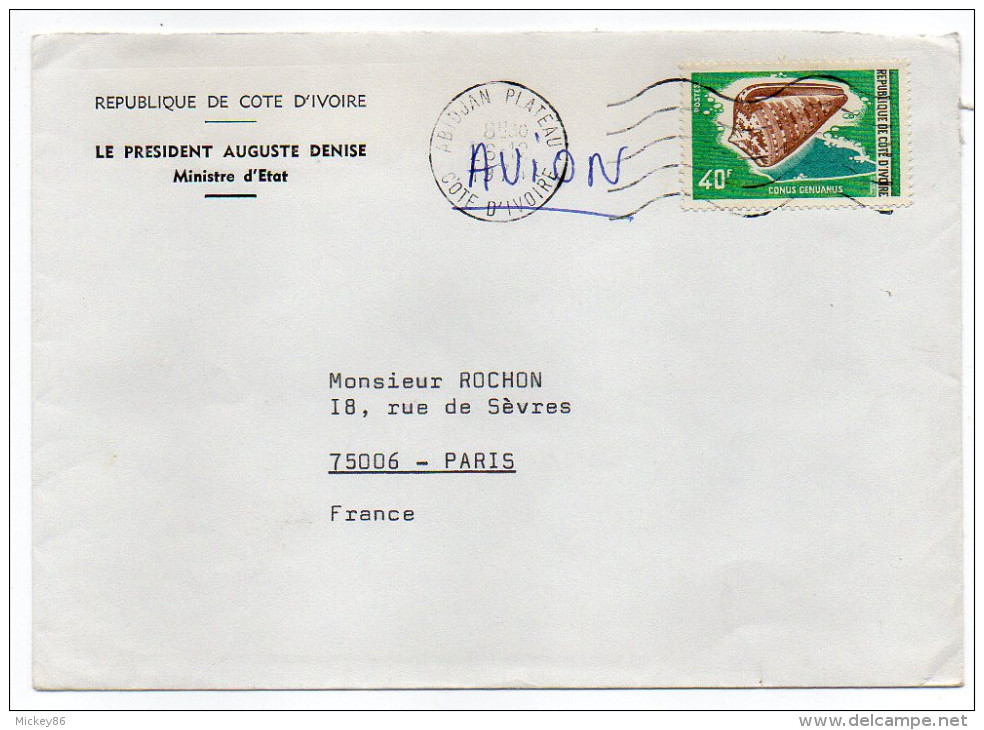 Côte D´Ivoire--Lettre D´ABIDJAN Pour PARIS-France-timbre"Coquillage" Seul Sur Lettre-personnalisée Président Augu.Denise - Côte D'Ivoire (1960-...)