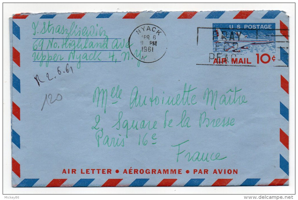 USA--1961--Aérogramme De NYACK (N-Y) Pour PARIS-France - Briefe U. Dokumente