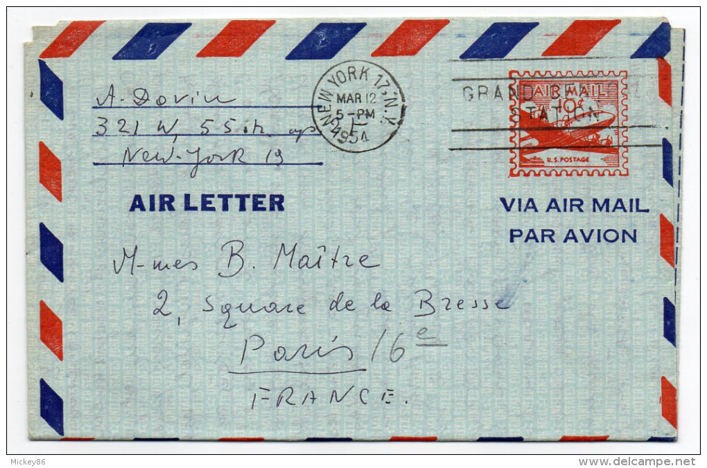 USA--1954--Aérogramme De NEW-YORK  (N-Y) Pour PARIS-France - Briefe U. Dokumente