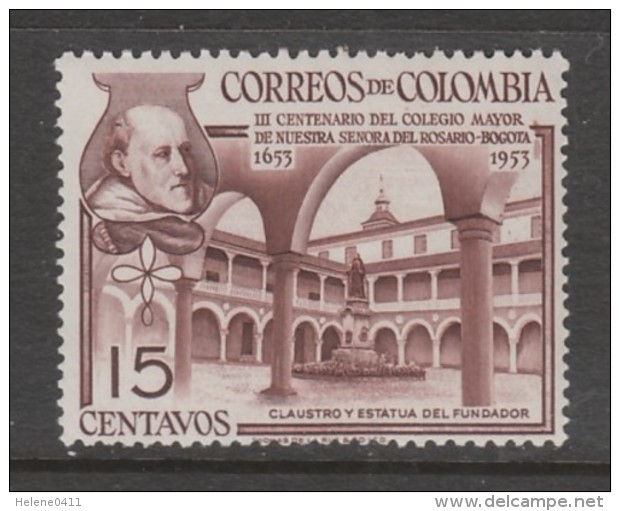 TIMBRE NEUF DE COLOMBIE - CLOITRE ET STATUE DU FONDATEUR DU COLLEGE N.-D. DU ROSAIRE A BOGOTA N° Y&T 496 - Klöster