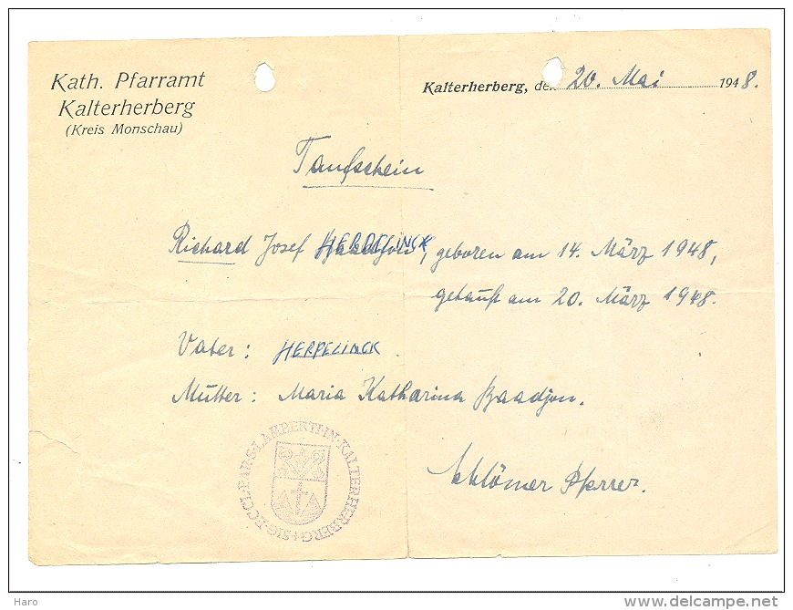 KALTERHERBERG - Certificat De Baptème 1948 (b184) - Cachets Généralité