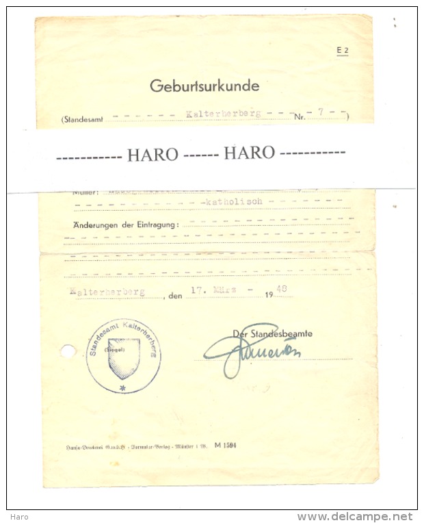 KALTERHERBERG - Certificat De Naissance 1948 (b184) - Seals Of Generality