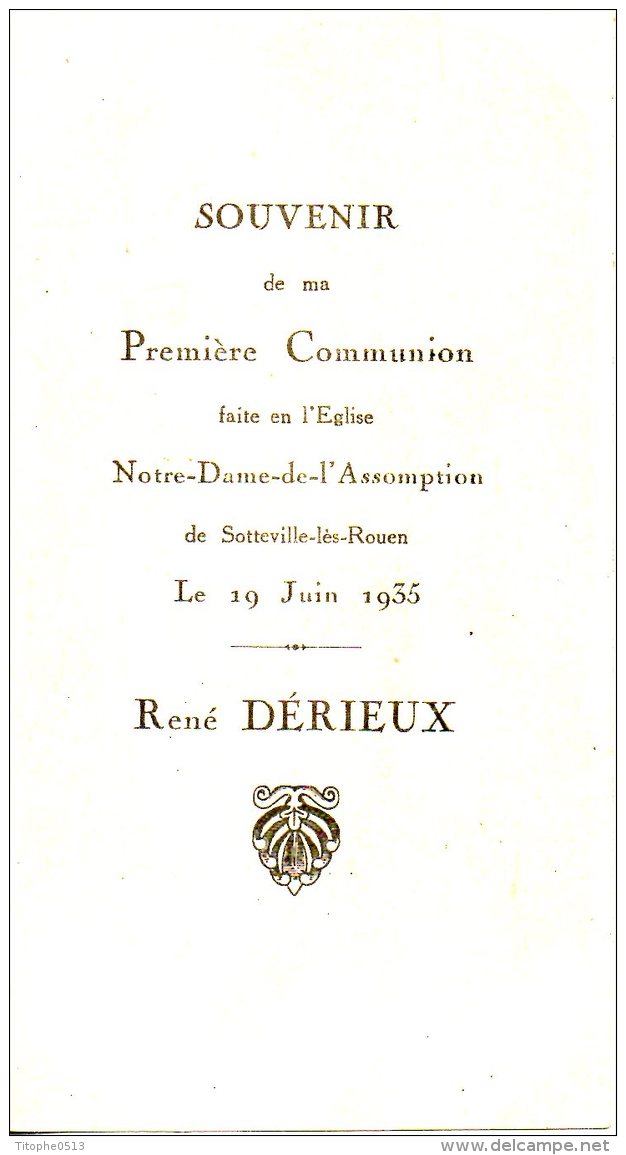 Souvenir De La Première Communion à Sotteville-lès-Rouen En 1935 De René Dérieux. - Images Religieuses