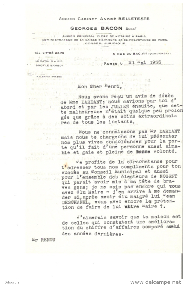 LETTRE - 75 - PARIS 7e - CONSEIL JURIDIQUE GEORGES BACON - 2 PAGES - 1935 - 640 - 1900 – 1949