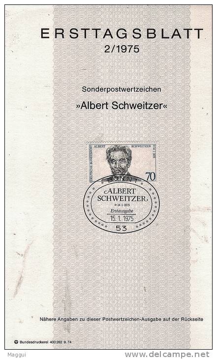 ALLEMAGNE  Carte  Notice 1er Jour  1975 Albert Schweitzer - Albert Schweitzer