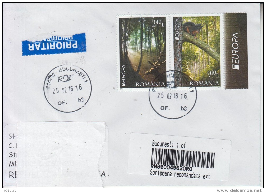 ROMANIA : EUROPA 2011 FORESTS On Cover Circulated -> MOLDOVA - Envoi Enregistre! Registered Shipping! - Used Stamps