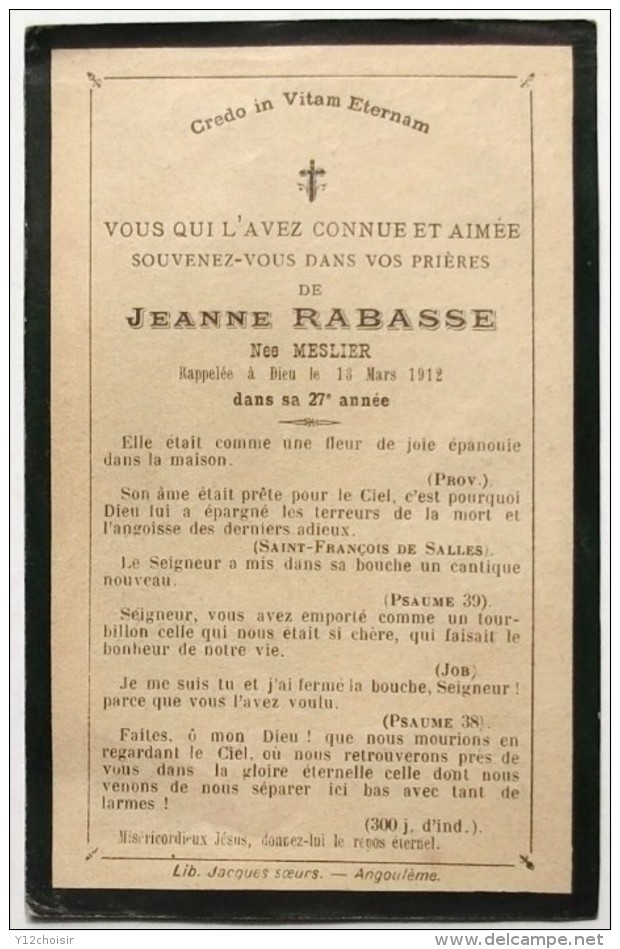 FAIRE-PART DECES 1912 DE JEANNE RABASSE MESLIER . SAINTE VIERGE . ANGOULEME - Décès