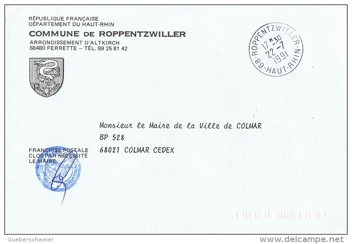 OIS-L54 - FRANCE Lettre En Franchise Postale De La Commune De Roppentzwiller, Blason Avec Oie Stylisée - Ganzen