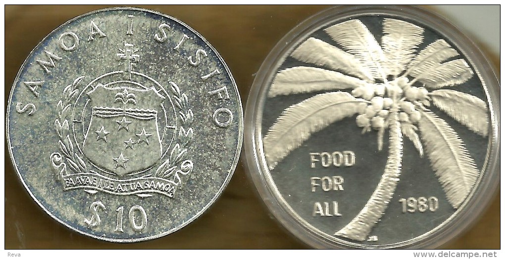 SAMOA $10 TALA  EMBLEM FRONT FAO PALM TREE FRUIT BACK 1980 AG SILVER PROOF KM? READ DESCRIPTION CAREFULLY !!! - Samoa