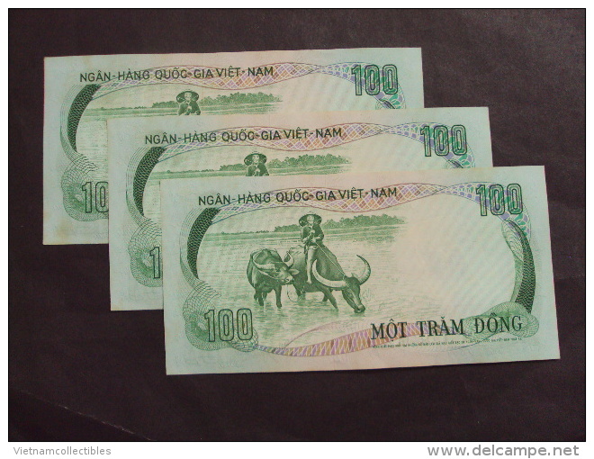 Collection Of 03 South Vietnam Viet Nam 100 Dong AU Buffalo Consecutive Banknotes 1972 - P#32 / 02 Images - Vietnam
