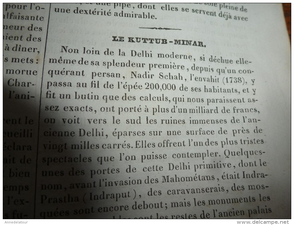 1834 LM : Le Palais de Jeanne de NAPLES; L'HIBIS sacré, selon Buffon; Le Buffle; Le TABAC; Le KUTTUB-MINAR  (Dehli)