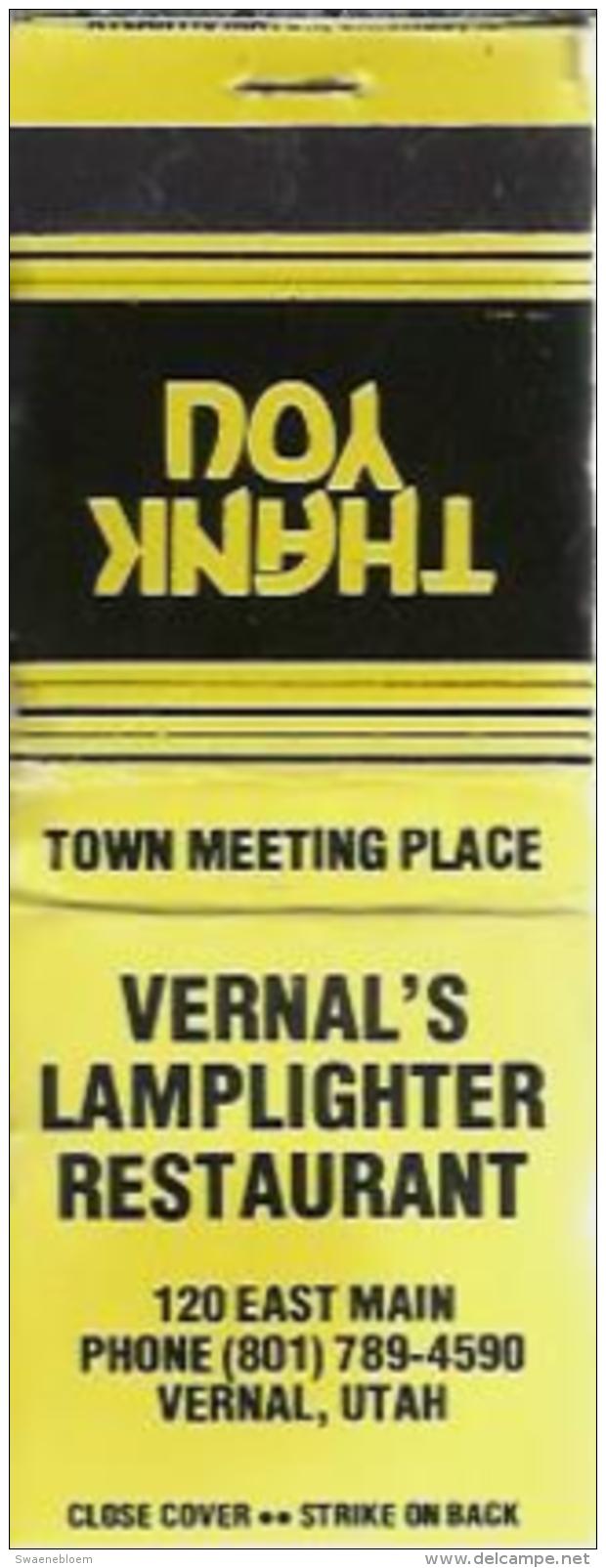 Lucifermapje - Vernal's Lamplighter Restaurant. 120 East Main. Vernal, Utah. Thank You. Matchbox, Matches, 3 Scans - Luciferdozen