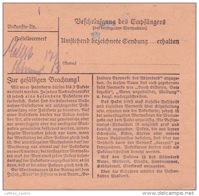 HITLER 30 + 25p Obl KOLMAR ( EMS ) Sur Avis Expédition COLIS - Etiquette Recomandation Allemande WW2 Censure - Besetzungen 1938-45