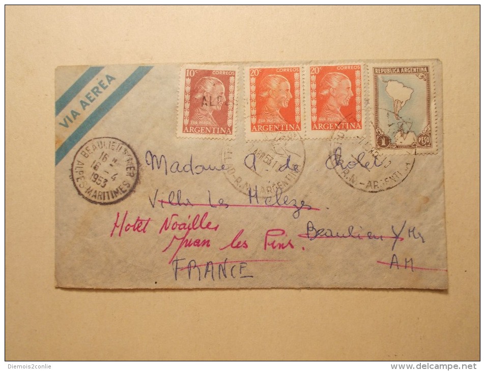 Marcophilie - Lettre Enveloppe Cachet Oblitération Timbres - ARGENTINE - 1953 (221) - Covers & Documents