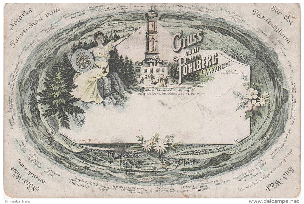 Litho Panorama Rundschau AK Erzgebirge Annaberg Buchholz Pöhlberg Turm Gasthof Baude Mit Bärenstein Keilberg Plessberg - Königswalde