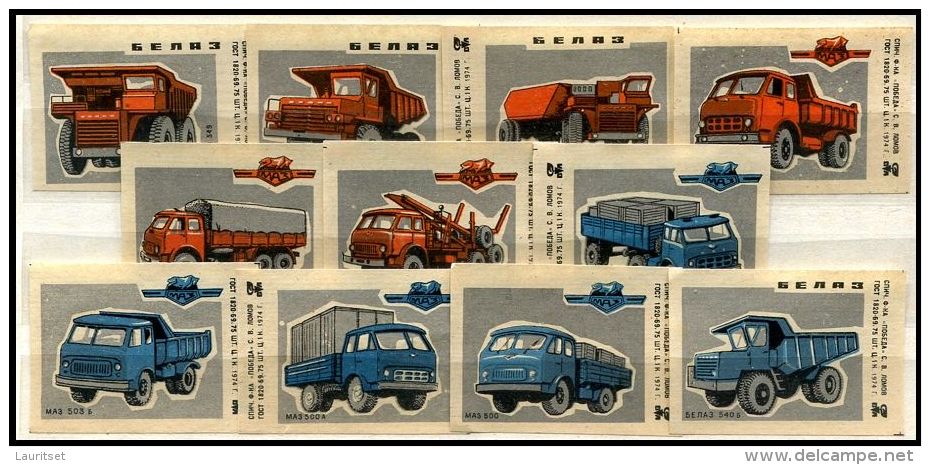 Russia Soviet Union 1974 Machbox Labels Trucks MAZ & BELAZ Zündholzschachteletiketten - Zündholzschachteletiketten