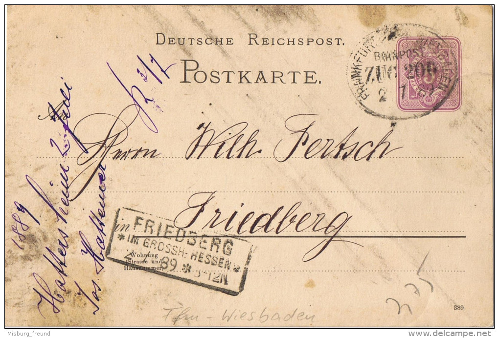 13-071 Ganzsache Bahnpost "FRANKFURT(MAIN)-WIESBADEN" 1889 - Oblitérés