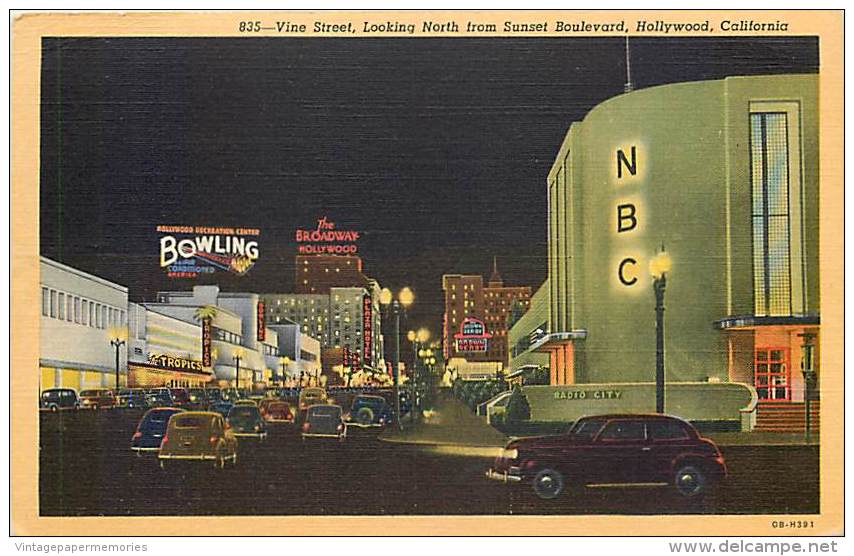 199699-California, Hollywood, Vine Street, Looking North From Sunset, Night, NBC, Linen Postcard, Curteich No 0B-H391 - Autres & Non Classés