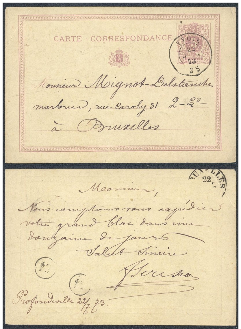 AB038 Entier De Yvoir à Bruxelles 1873 - Briefkaarten 1871-1909