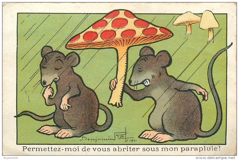 BENJAMIN RABIER ILLUSTRATEUR - " LE PARAPLUIE" - RATS, CHAMPIGNONS - CARTE Ancienne  (7 X 10,5 Cm); - Rabier, B.