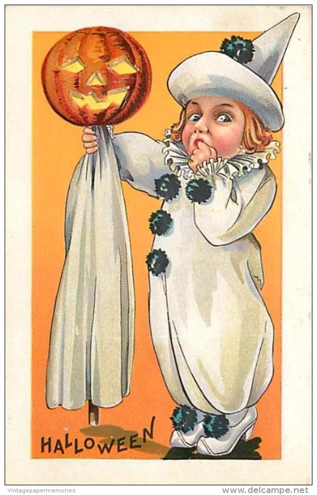 241623- Halloween, Stecher No 408 D, Witch In Clown Outfit Holding A Jack O Lantern On A Stick With Ghost Costume - Halloween