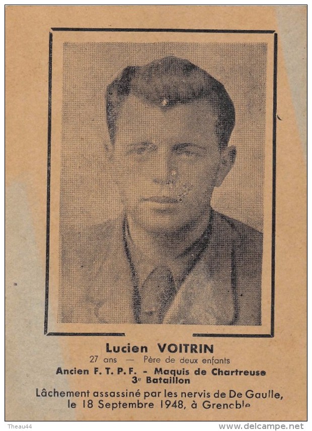 ¤¤   -  Carte Politique    -   LUCIEN VOITRIN Du Maquis De Chartreuse   -   Assassiné à GRENOBLE En 1948  -  ¤¤ - Personnages