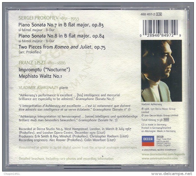 CD   -  PROKOFIEV : SONATES -  LISZT : MEPHISTO VALSE -  V. ASHKENASY, Piano - Classique