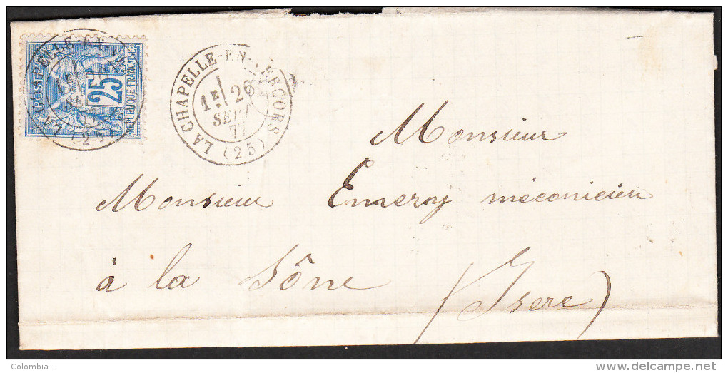 LETTRE/Enveloppe LA CHAPELLE EN VERCORS Du 26 SEPT 1877 Via LA SÔNE (Isère) - 1877-1920: Periodo Semi Moderno