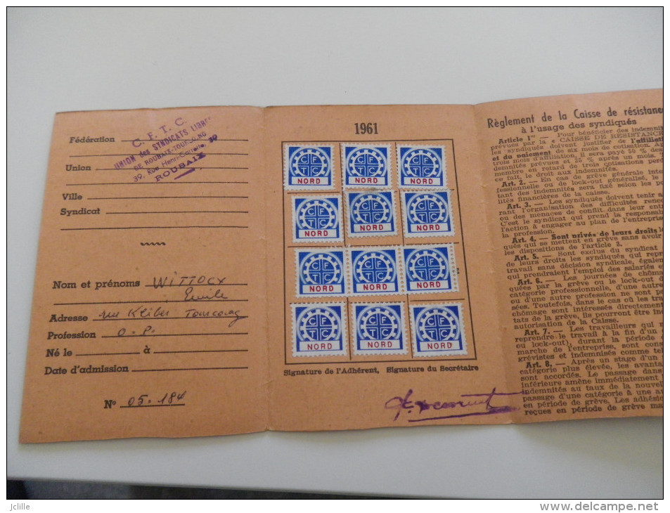 Carte D´adhérent CFTC - 1961 - ROUBAIX - 12 TIMBRES MENSUELS (TOURCOING) - Collections