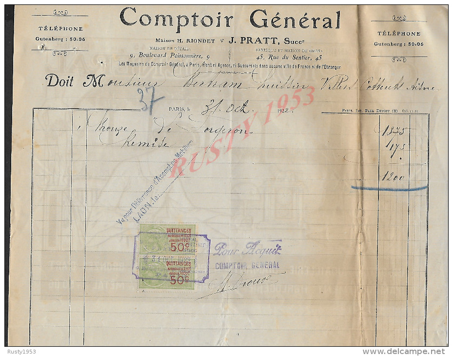 FACTURE DE 1922 : H. RIONDET J. PRATT COMTOIR GÉNERALE BIJOUTERIE HORLOGERIE ECT PARIS BOULEVARD POISSONNIÈRE - Petits Métiers