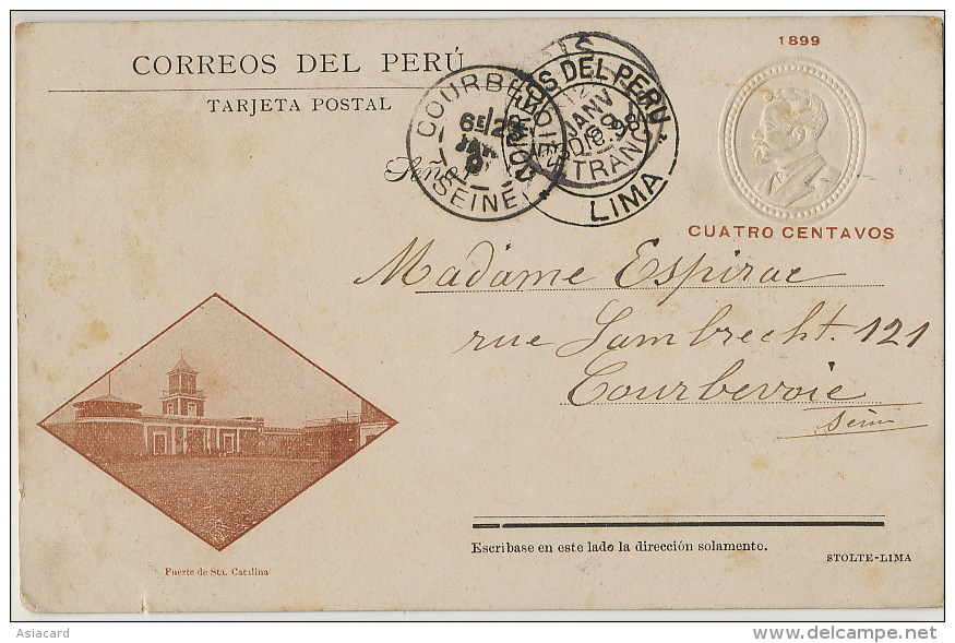 Fuerte De Santa Catalina Postally Used 1898 Cuno Seco Timbre Sec Entier Postal Postal Stationery Vers Courbevoie - Pérou