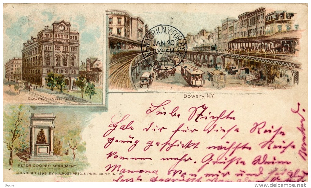 Cooper Institute, Cooper Monument, Bowery, Litho, 1903, Stamps - Puentes Y Túneles