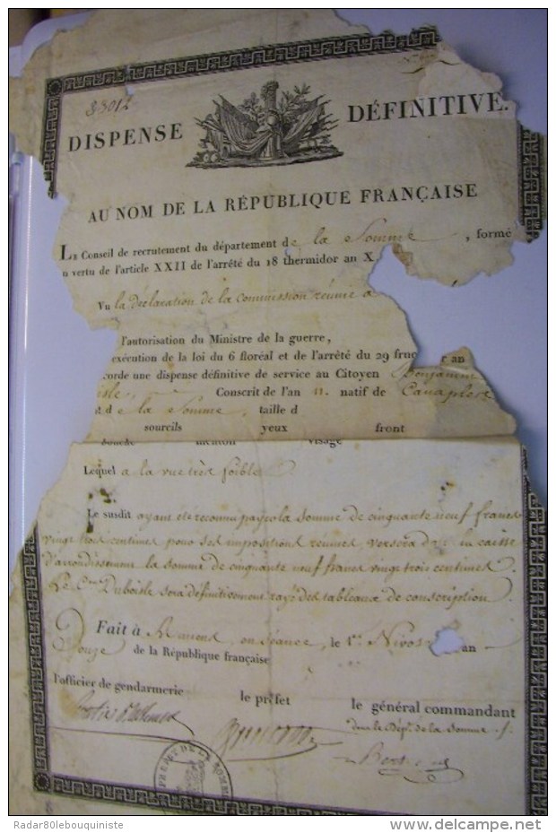 Dispense Définitive.sieur DUBOISLE BENJAMIN Natif De Canaples Sera Rayé Du Tableau De Conscription.1er Nivose,An Douze - Documents Historiques