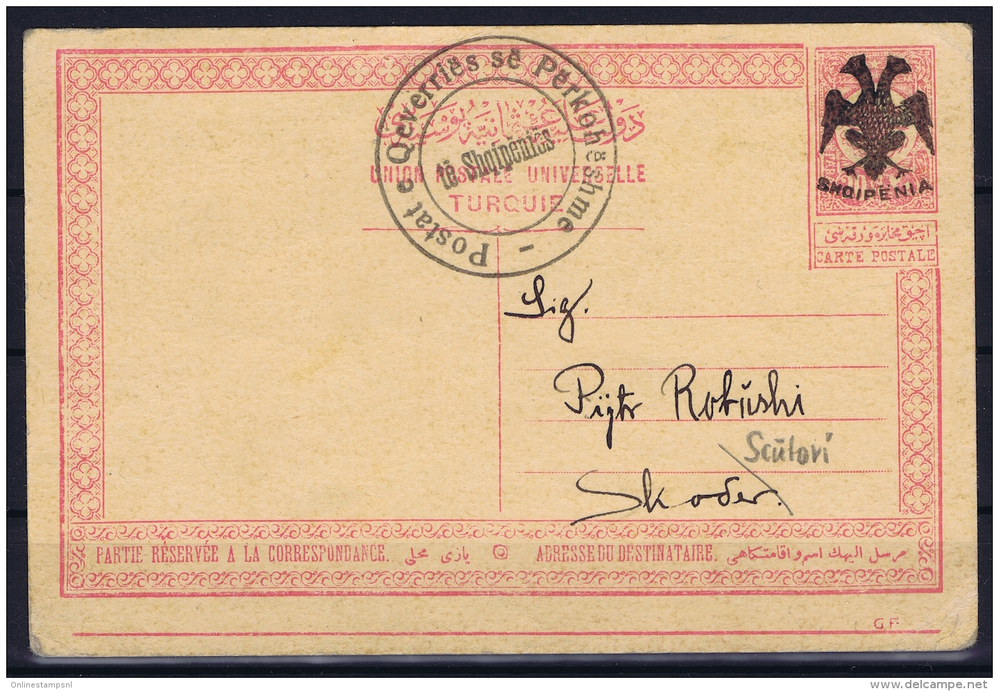 Albania: 1914 20 Pa Red And Chamois Postcard Surcharge Eagle In Black + Handstamp Michel P2  CV € 1600  Signed CF - Albania