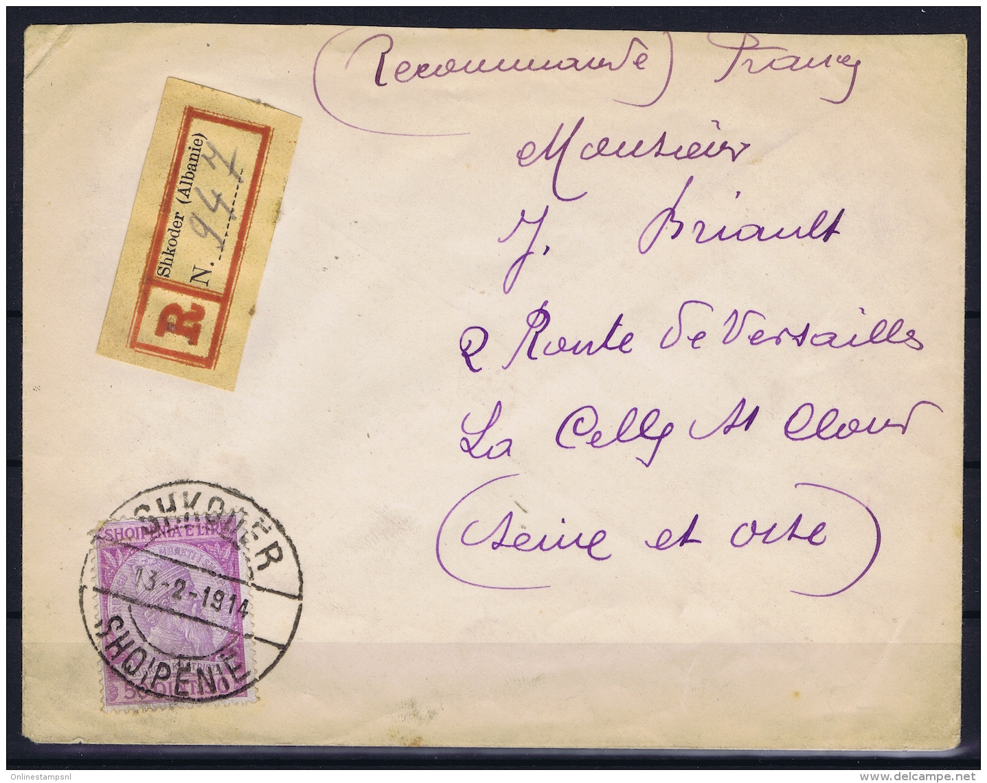 Albania: Registered COver 1915 Scutari To France Mi 33 Cancelled By Shkoder Shqipenie Bridge Type Cds Lacelles Arr. Cds - Albanie