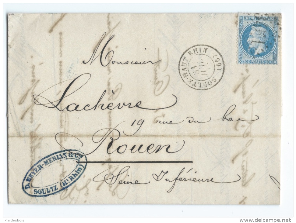 LETTRE 20 C  EMPIRE   SOULTZ HAUT RHIN  A  ROUEN   GC - 1849-1876: Période Classique