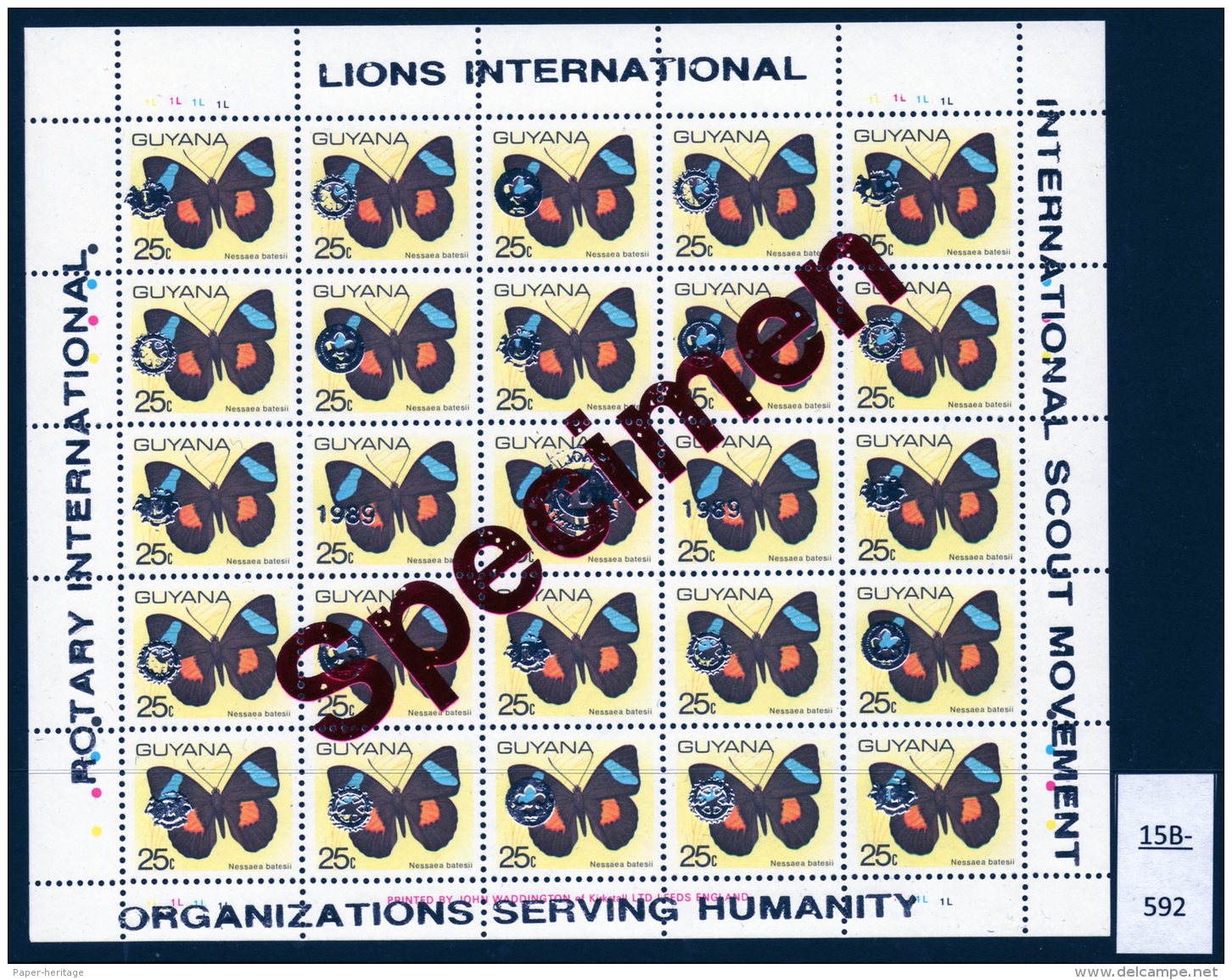 Guyana 1989 Sheet/25 MNH Butterflies Optd Specimen : Lions International, Rotary & Scouts : 25c SILVER Opt - Guyana (1966-...)