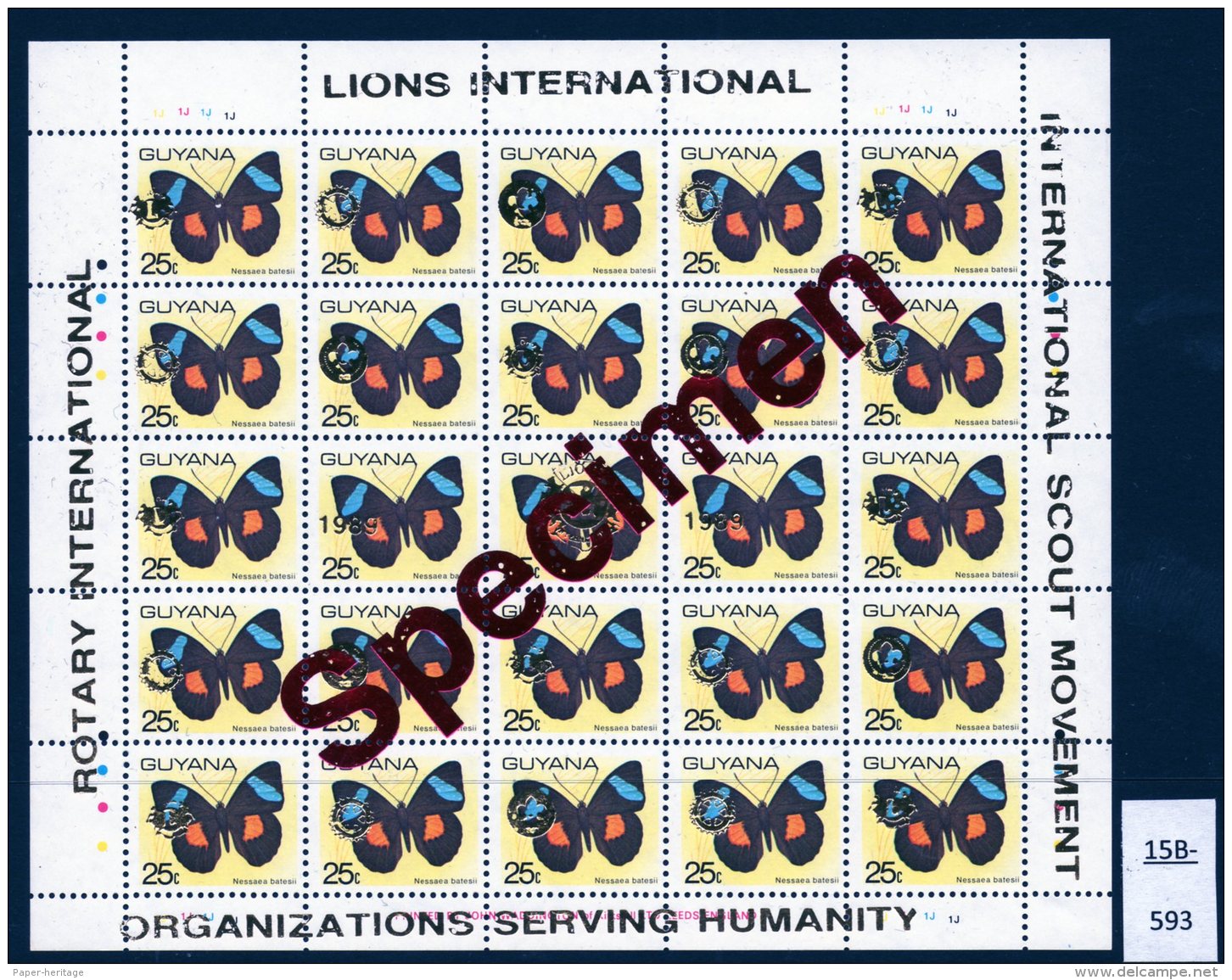 Guyana 1989 Sheet/25 MNH Butterflies Optd Specimen : Lions International, Rotary & Scouts : 25c GOLD Opt - Guyana (1966-...)