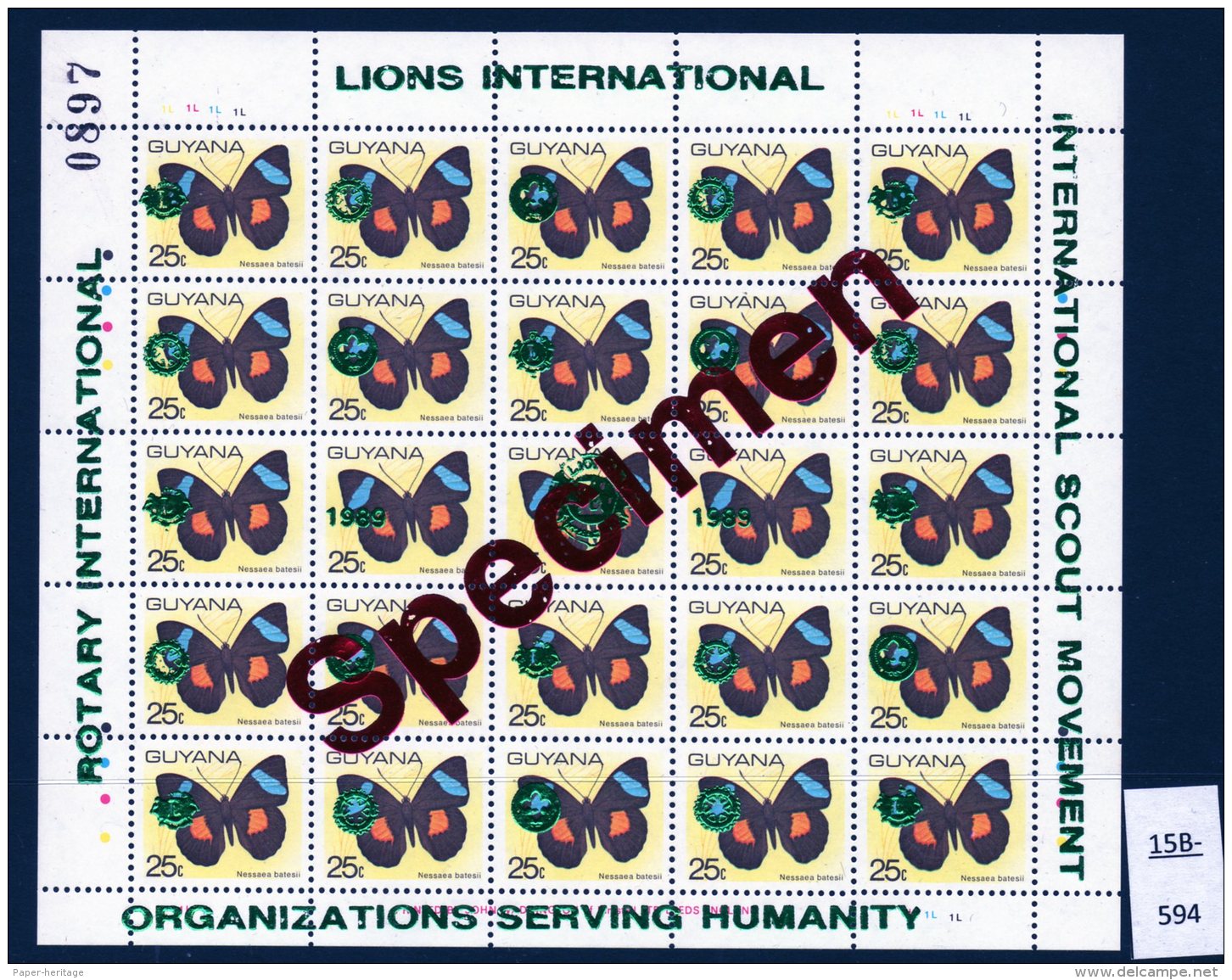 Guyana 1989 Sheet/25 MNH Butterflies Optd Specimen : Lions International, Rotary & Scouts : 25c GREEN Opt - Guyana (1966-...)