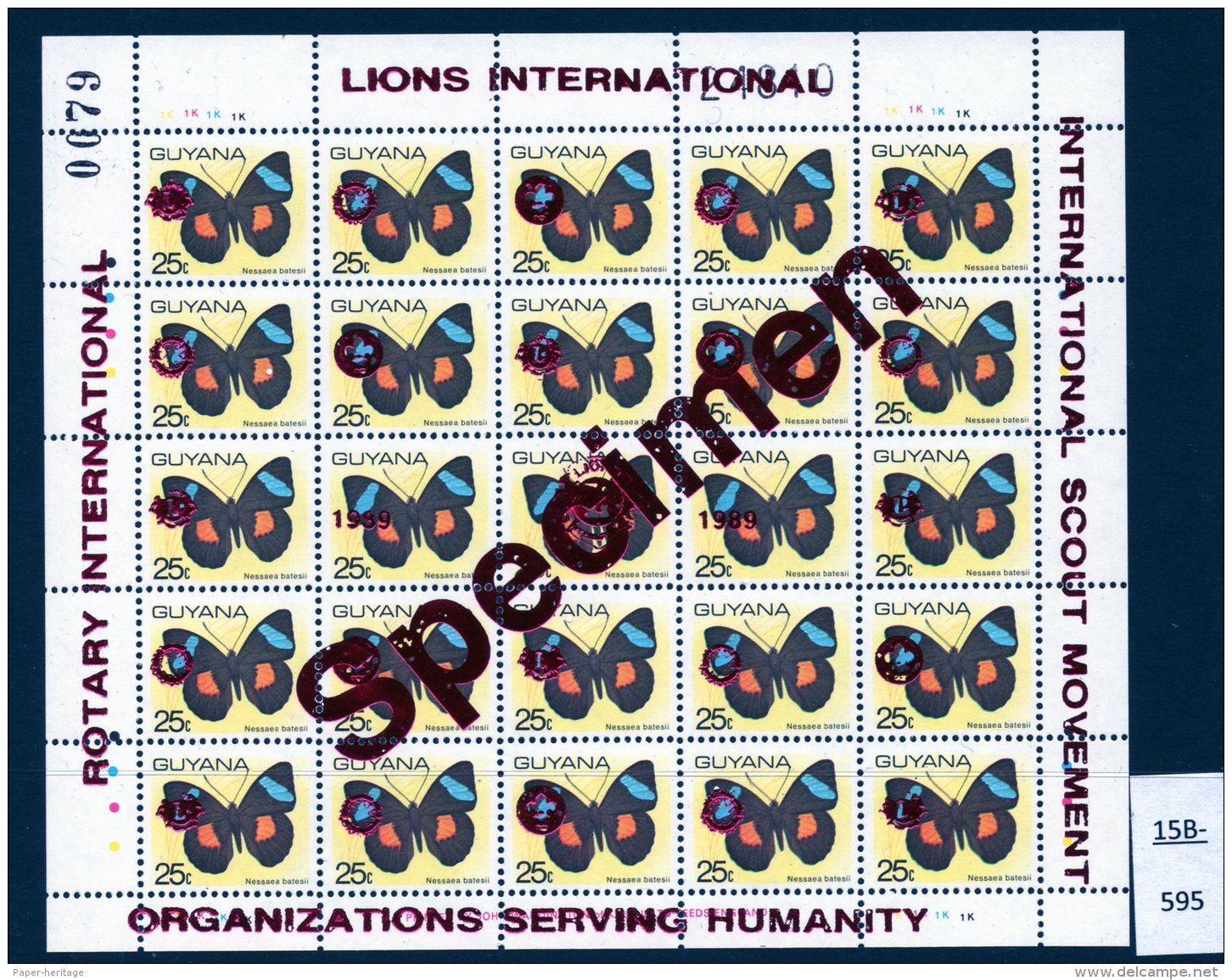 Guyana 1989 Sheet/25 MNH Butterflies Optd Specimen : Lions International, Rotary & Scouts : 25c RED Opt - Guyana (1966-...)