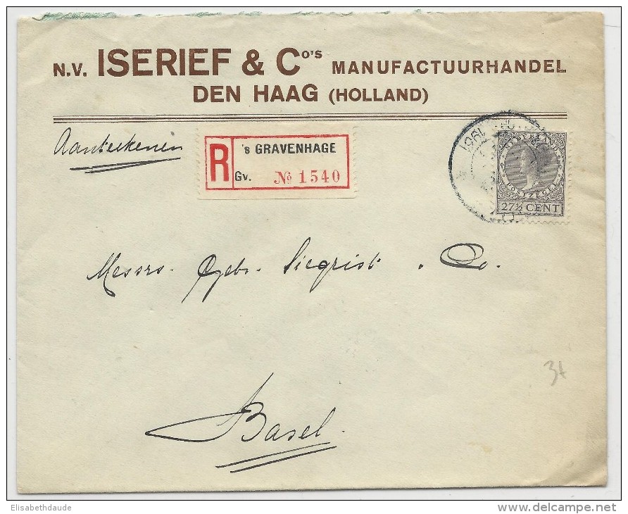 NEDERLAND - 1931 - ENVELOPPE RECOMMANDEE De S´GRAVENHAGE Pour BASEL (SUISSE) - - Storia Postale