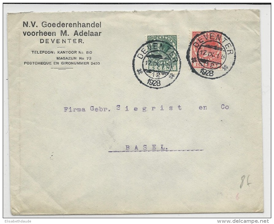 NEDERLAND - 1928 - ENVELOPPE De DEVENTER Pour BASEL (SUISSE) - - Poststempels/ Marcofilie