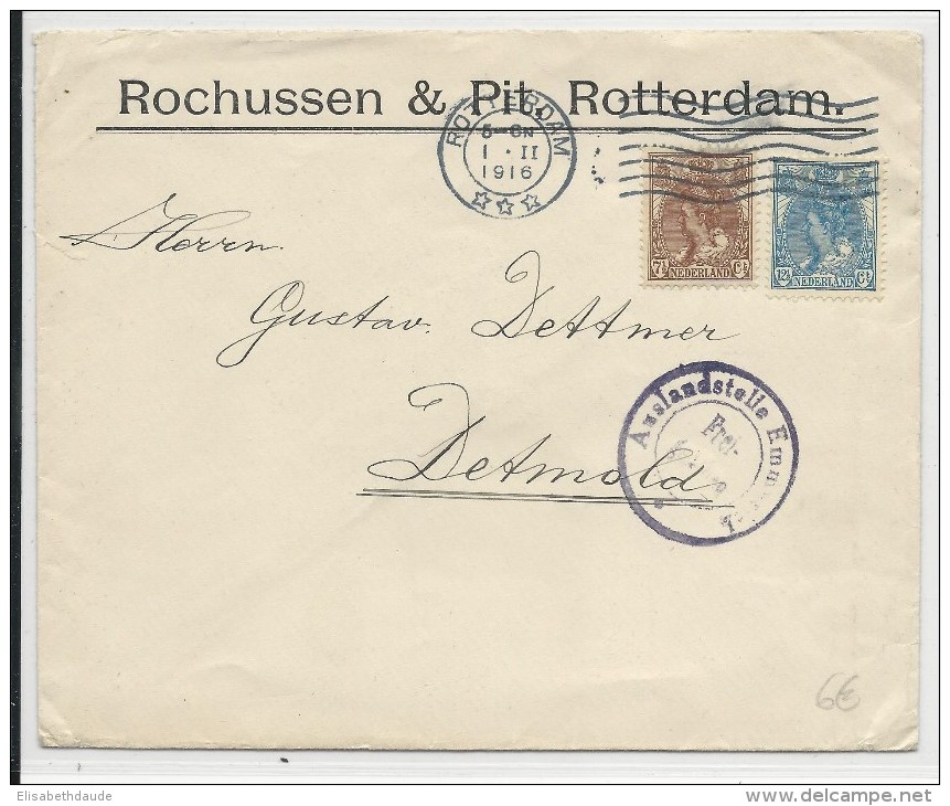 NEDERLAND - 1916 - ENVELOPPE De ROTTERDAM Avec CENSURE ALLEMANDE De EMMERICH Pour DETMOLD - Marcophilie