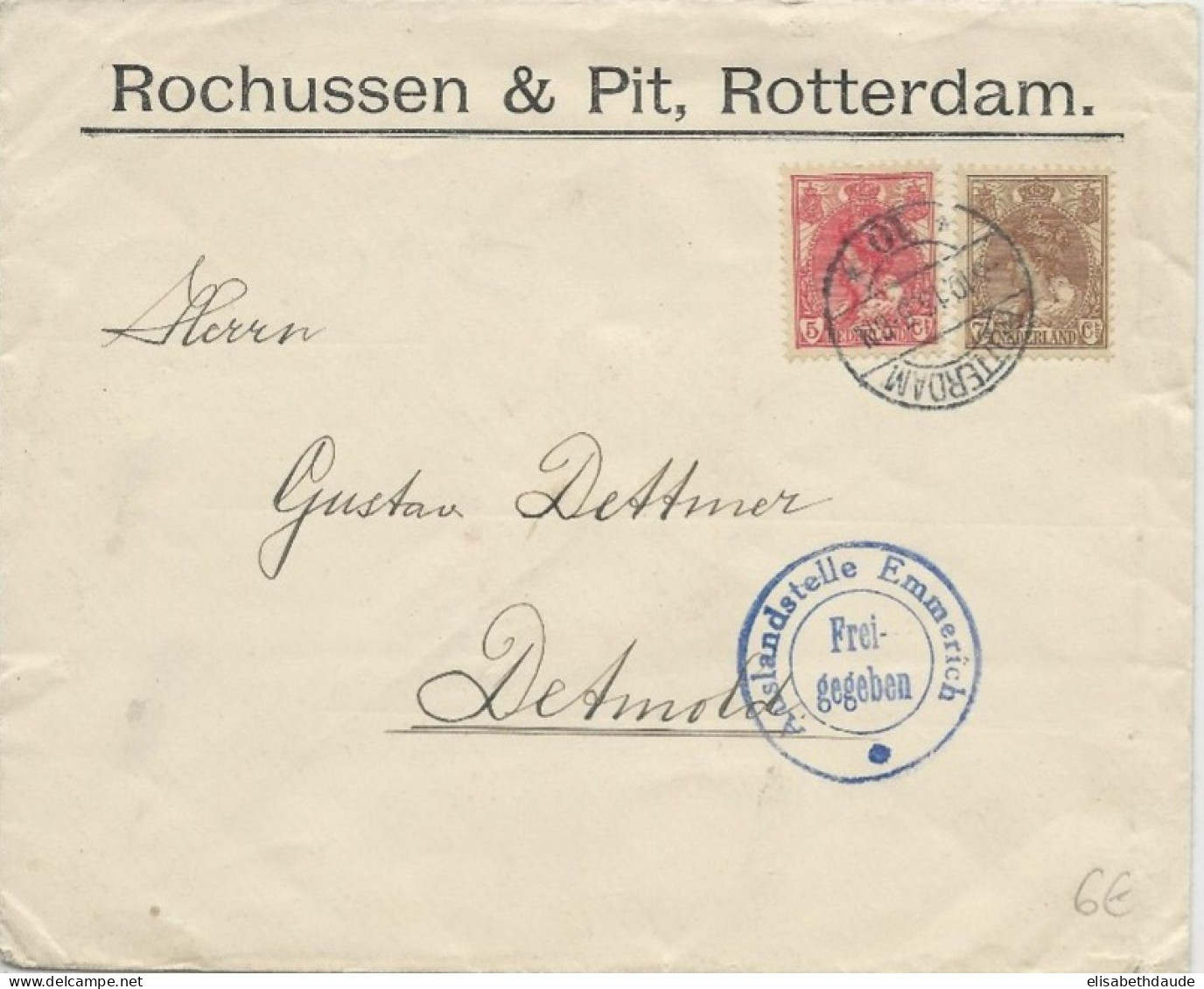 NEDERLAND - 1916 - ENVELOPPE De ROTTERDAM Avec CENSURE ALLEMANDE De EMMERICH Pour DETMOLD - Covers & Documents