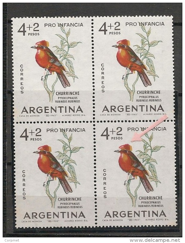 ARGENTINA - FAUNA - BIRDS - 1963 VARIEDAD Color ROJO Desplazado # 679 Block Of 4 - ** Mnh - Nuevos