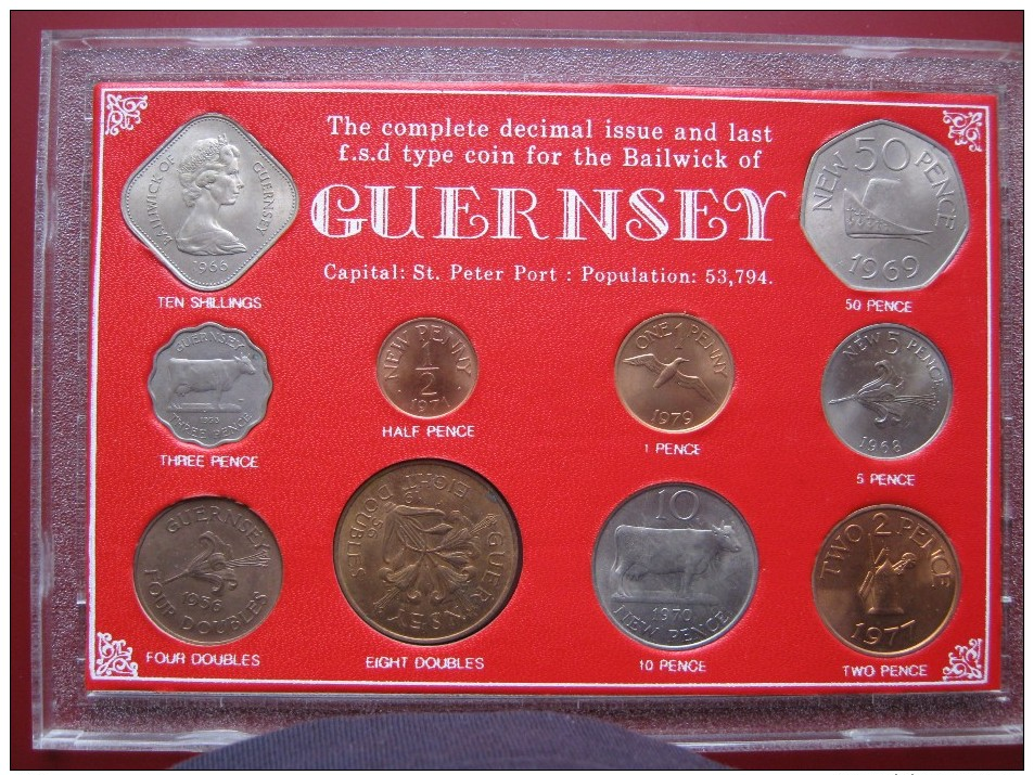 Guernsey 1934 - 1977 10 Coin Set  Decimal 1/2 Penny - 50 Pence & Pre-Decimal 4 Doubles - 10 Shillings - Guernesey