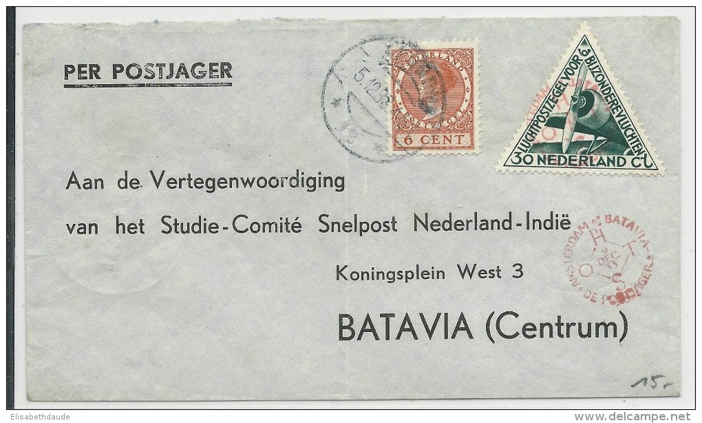 NEDERLAND - 1933 - ENVELOPPE  De ARNHEM Pour BATAVIA Avec OBLITERATION POSTE AERIENNE ROUGE "AMSTERDAM - BATAVIA" - Storia Postale