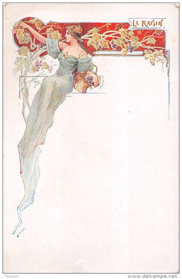 ¤¤  -  Illustrateur  " J.C. LYON " ????    -  Le Raisin   -  Femme Style Art Nouveau    - ¤¤ - Lion