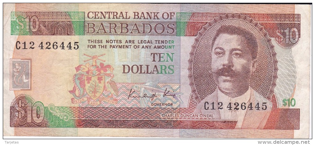 BILLETE DE BARBADOS DE 10 DOLLARS DEL AÑO 1986  (BANKNOTE) - Barbados